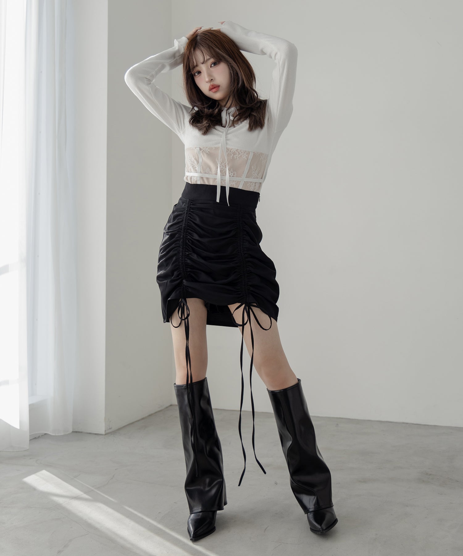 【 2color 】チョーカーネックリボンレーシーカットソートップス / choker neck ribbon lacy cutsaw tops