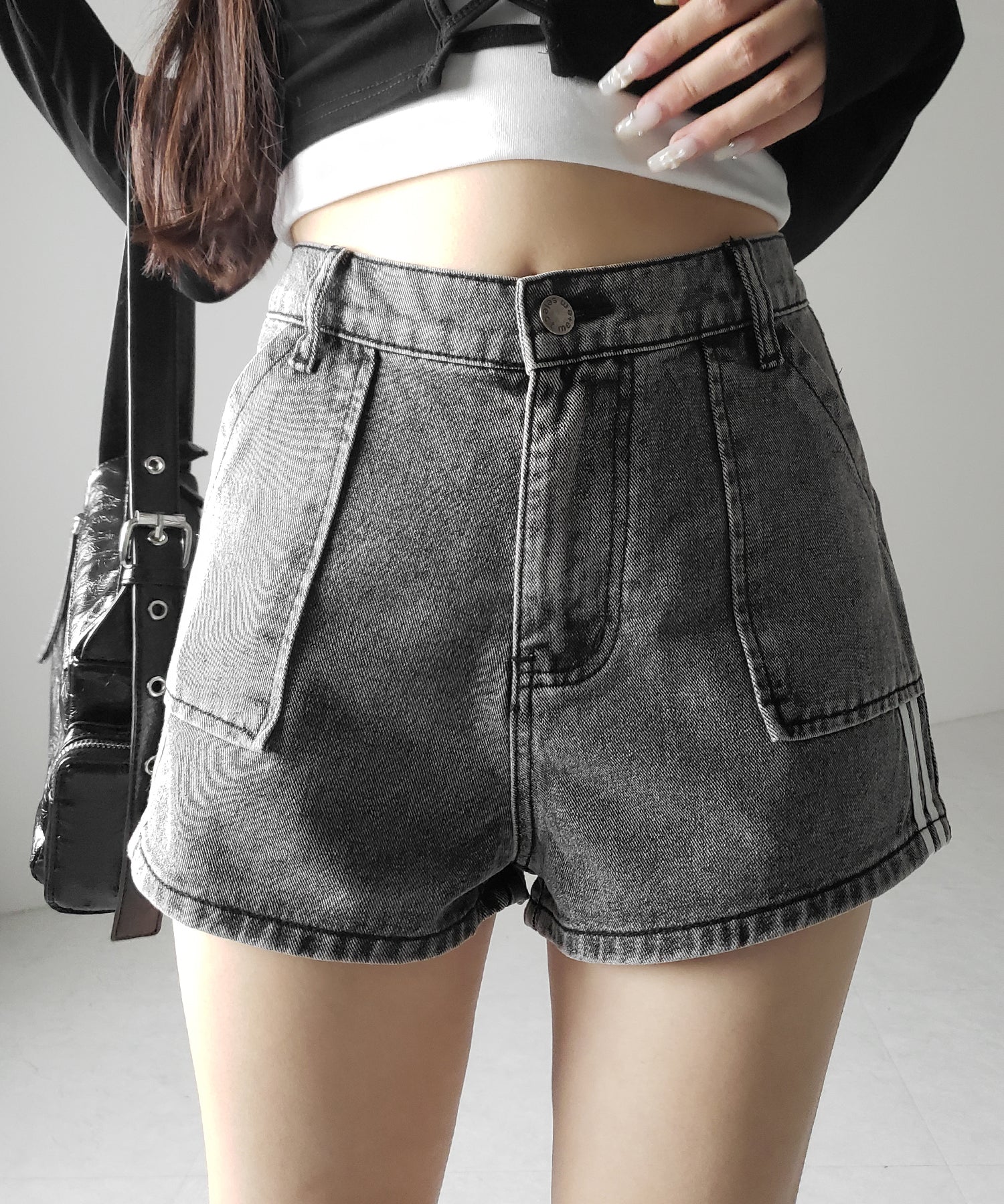 【 2color 】サイドラインハイウエストデニムショートパンツ / sideline highwaist denim short pants