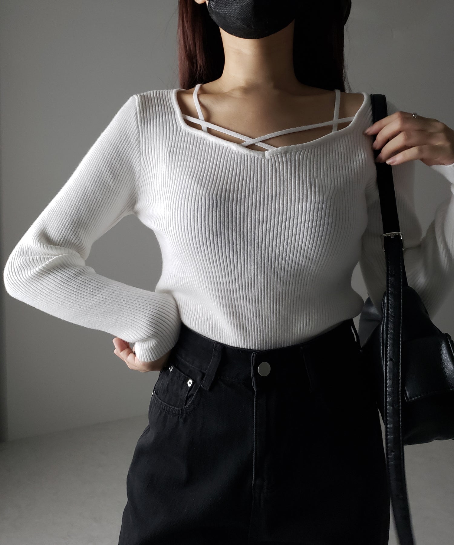 クロスラインストラップデザインリブニット