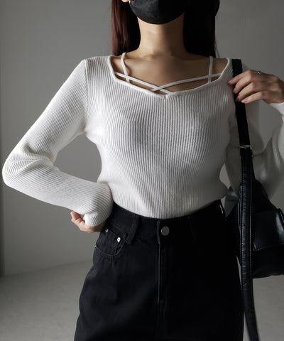 クロスラインストラップデザインリブニット