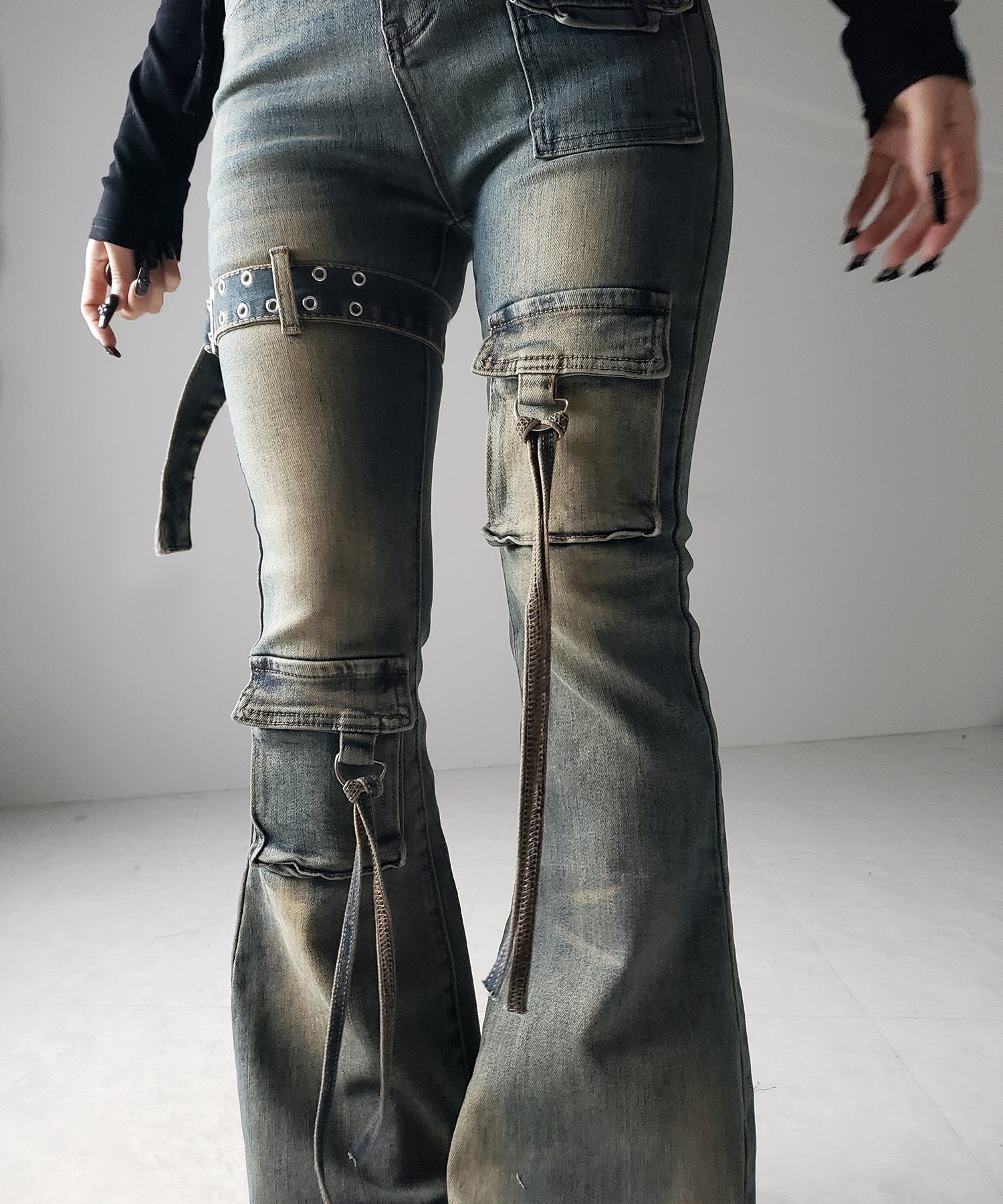【 2color / 4size 】ベルテッドアウトポケットヴィンテージフレアデニム / belted out pocket vintage flare denim