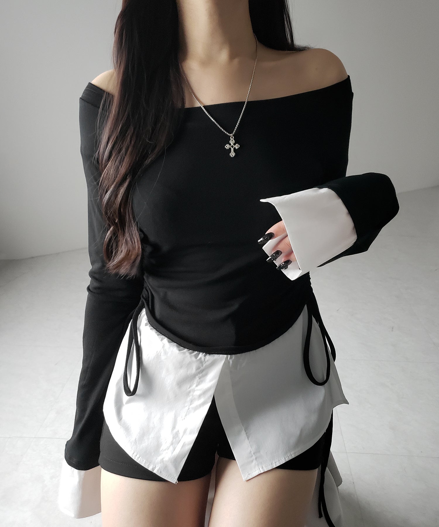 【 2WAY 】シャツドッキングサイドリボンワンショルトップス /shirt docking side ribbon oneshoulder tops