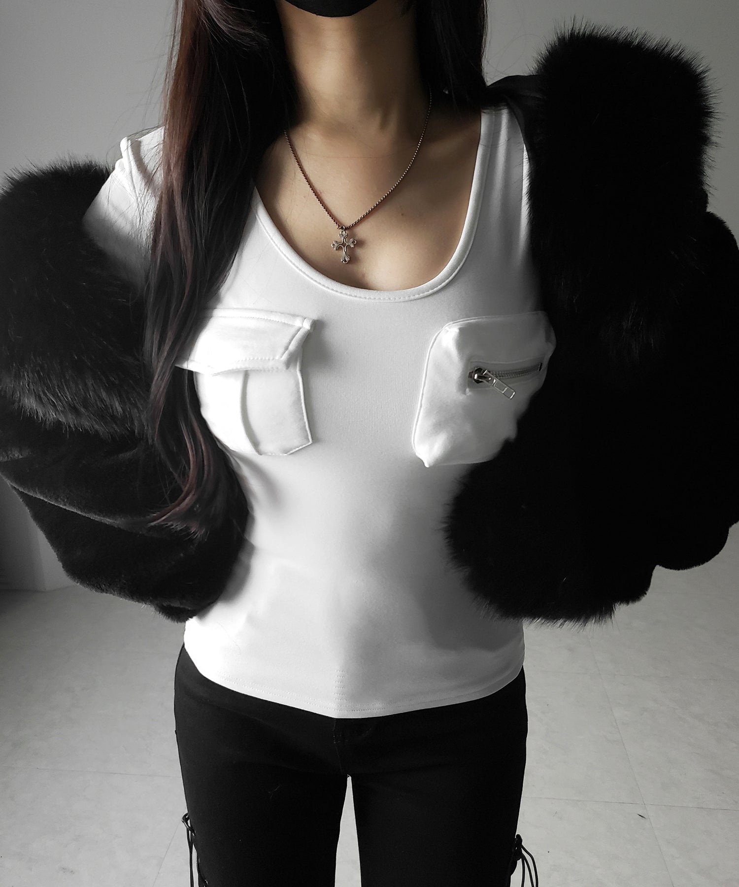 【 裏起毛 】アウトポケットオープンネックスリムトップス / out pocket open neck slim tops