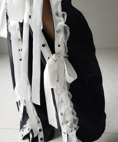 サテンリボンレースアップワイドデニムパンツ / satin ribbon lace up wide denim pants