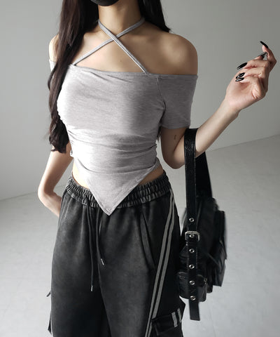 クロスネックアシメギャザーオフショルTシャツ / cross neck asymmetry gather off shoulder T-shirt