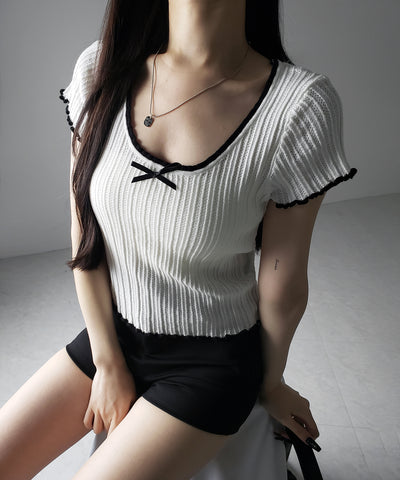 ミニリボンオープンネック半袖ニットトップス / mini ribbon open neck short sleeve knit tops
