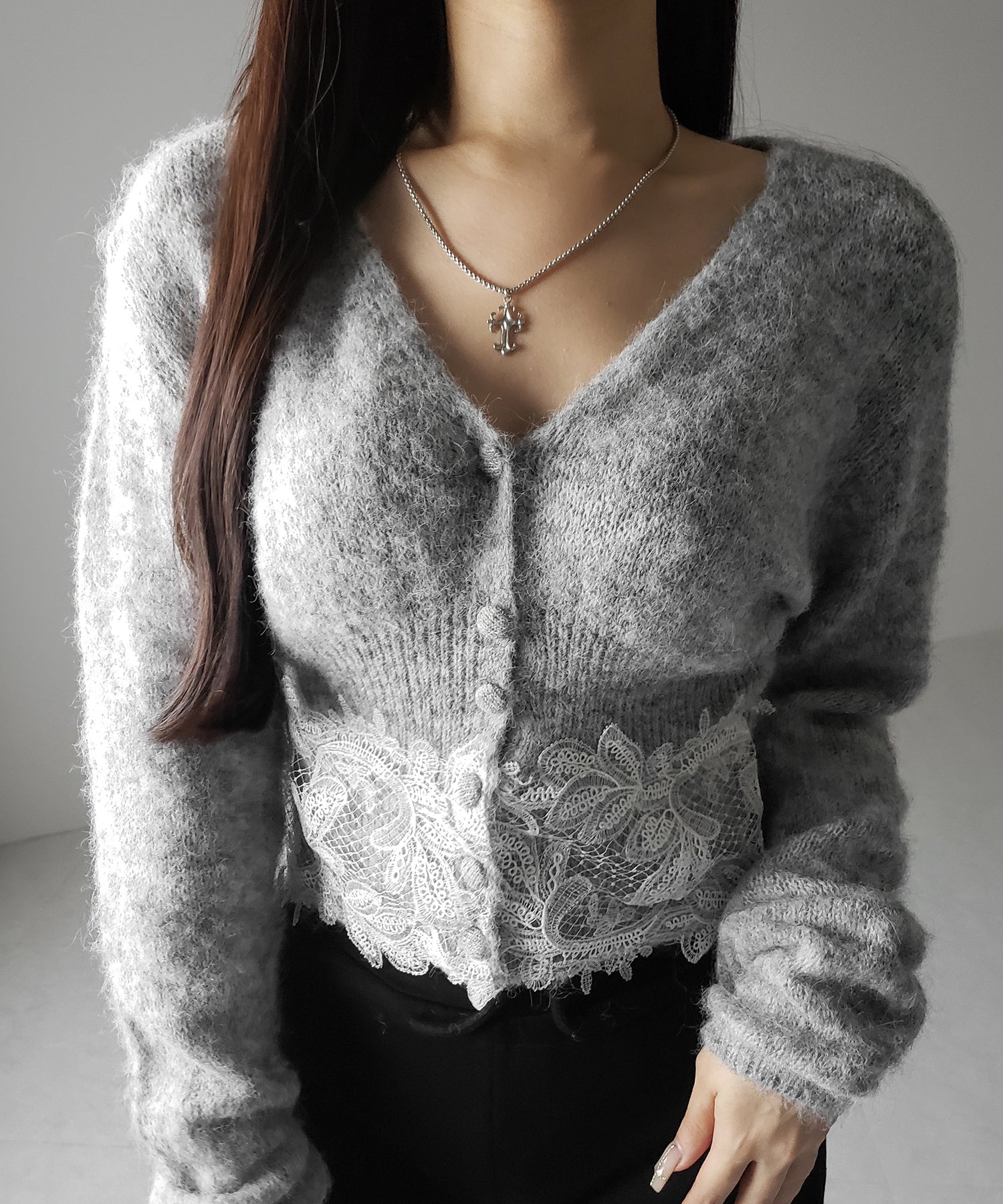レースドッキングモヘアライクニットカーディガン / Lace docking mohair-like knit cardigan