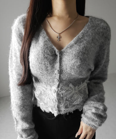 レースドッキングモヘアライクニットカーディガン / Lace docking mohair-like knit cardigan