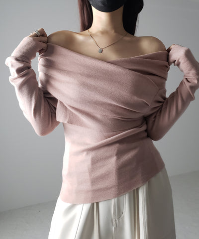 タックデザインドレープオフショルダーリブニット