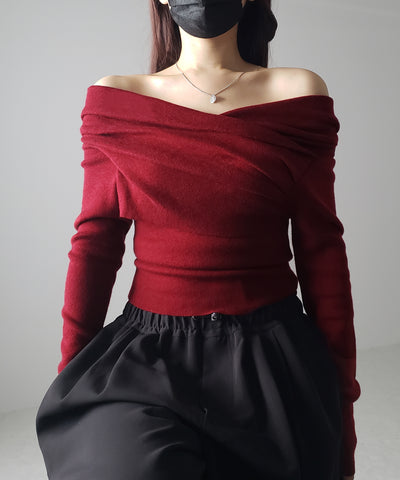 タックデザインドレープオフショルダーリブニット