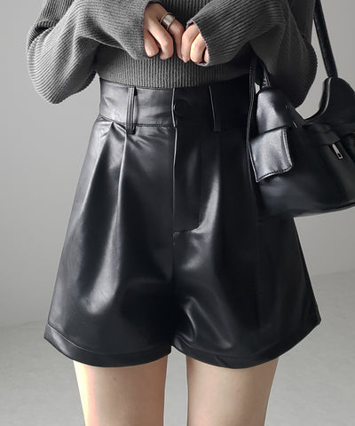 【 3color / 5size 】太ベルトハイウエストタックレザーショートパンツ