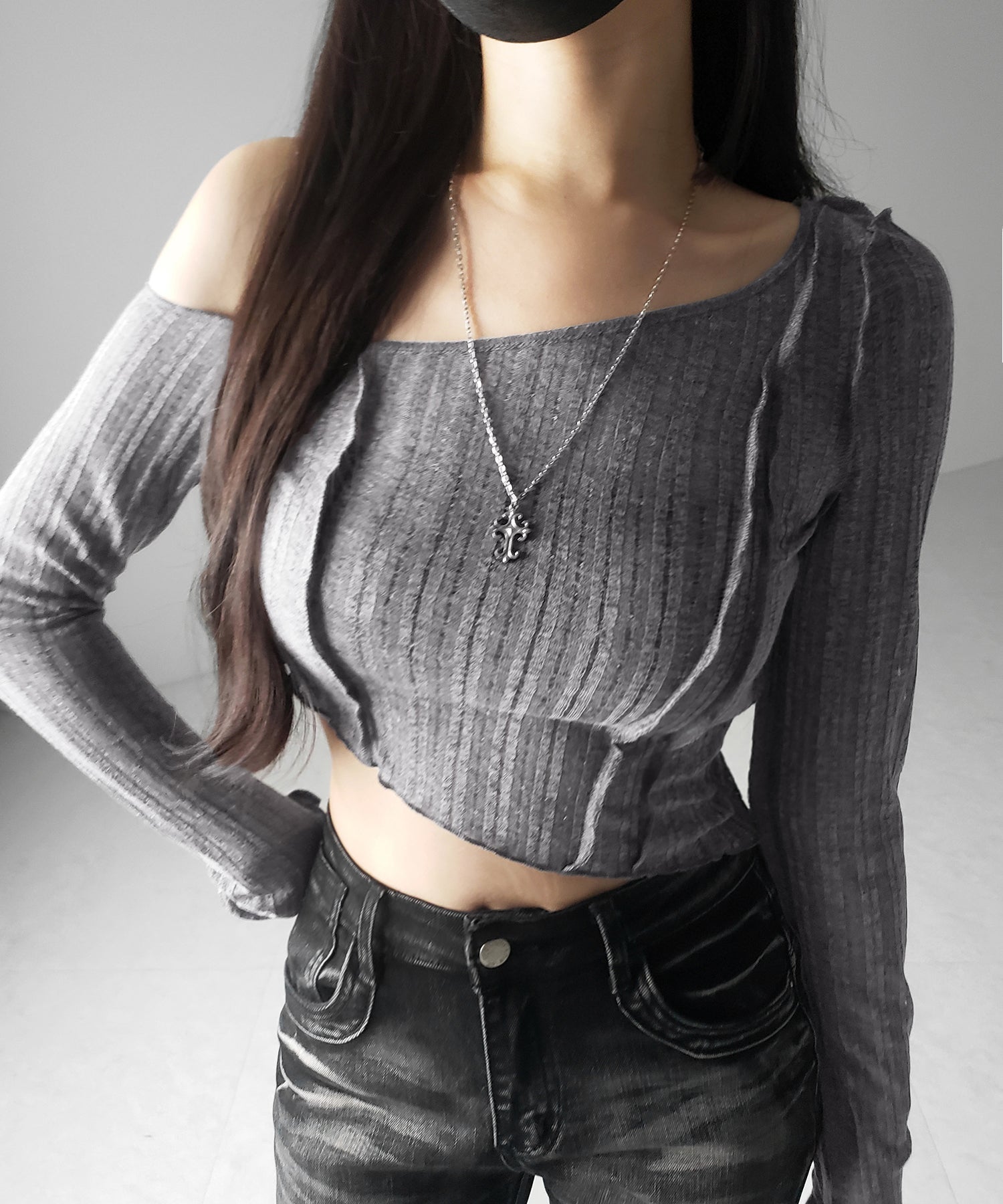 アウトステッチワンショルシアーリブカットソートップス / outstitch one shoulder sheer rib cutsew tops