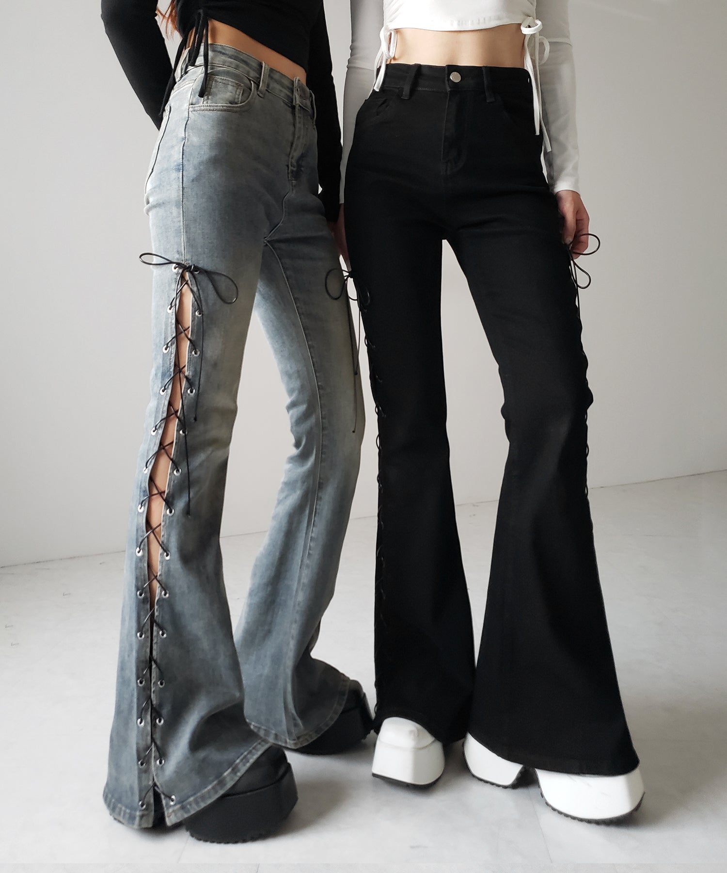 レースアップカットアウトストレッチフレアデニム / lace up cutout stretch flare denim