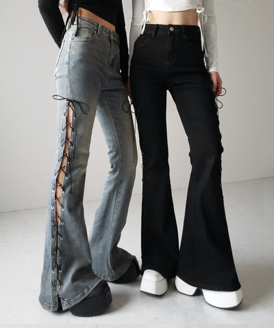 レースアップカットアウトストレッチフレアデニム / lace up cutout stretch flare denim