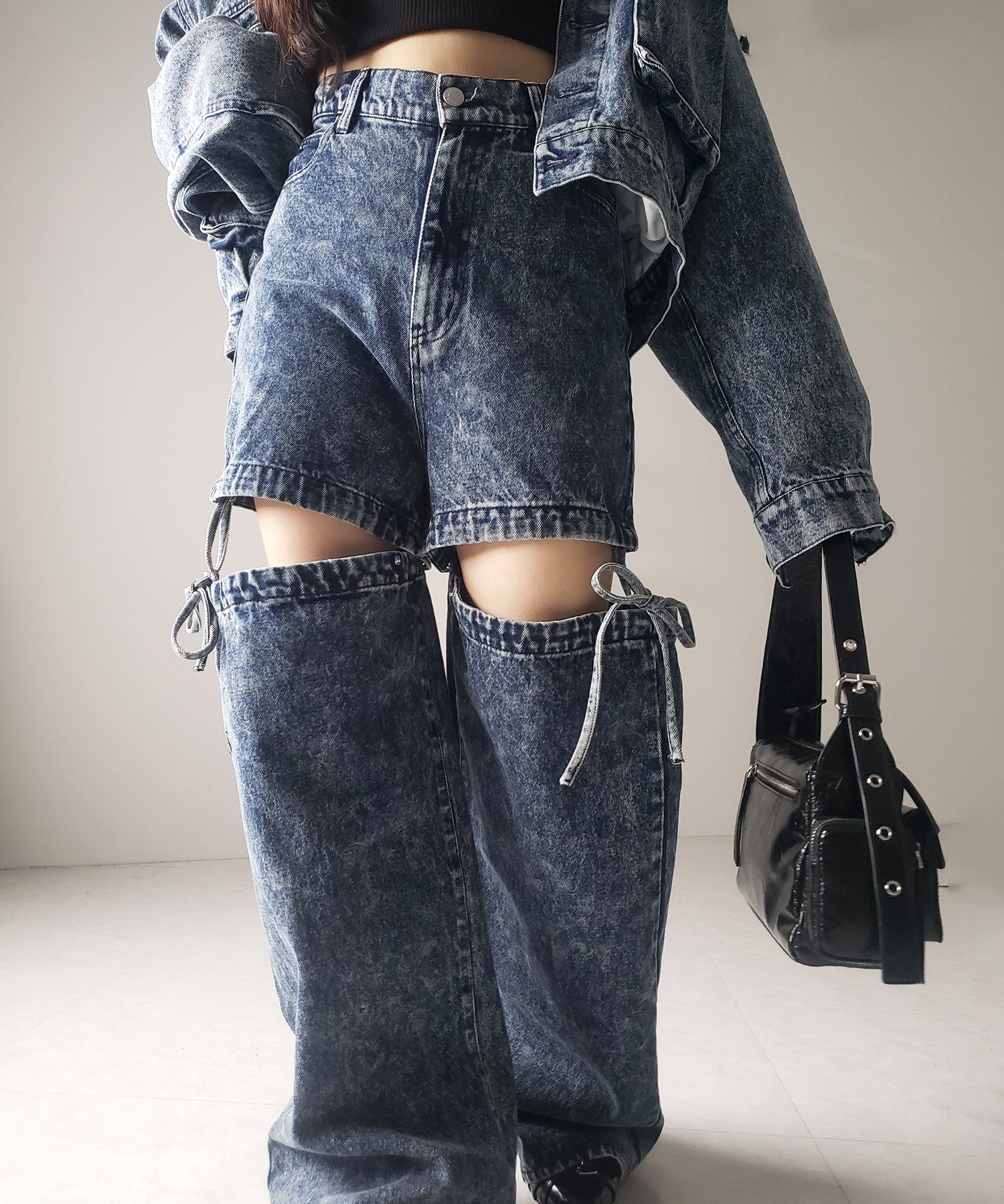 【 セットアップ着用可能 】2WAYヴィンテージケミカルブリーチカットアウトリボンデニム / 2WAY vintage chemical bleach cutout ribbon denim