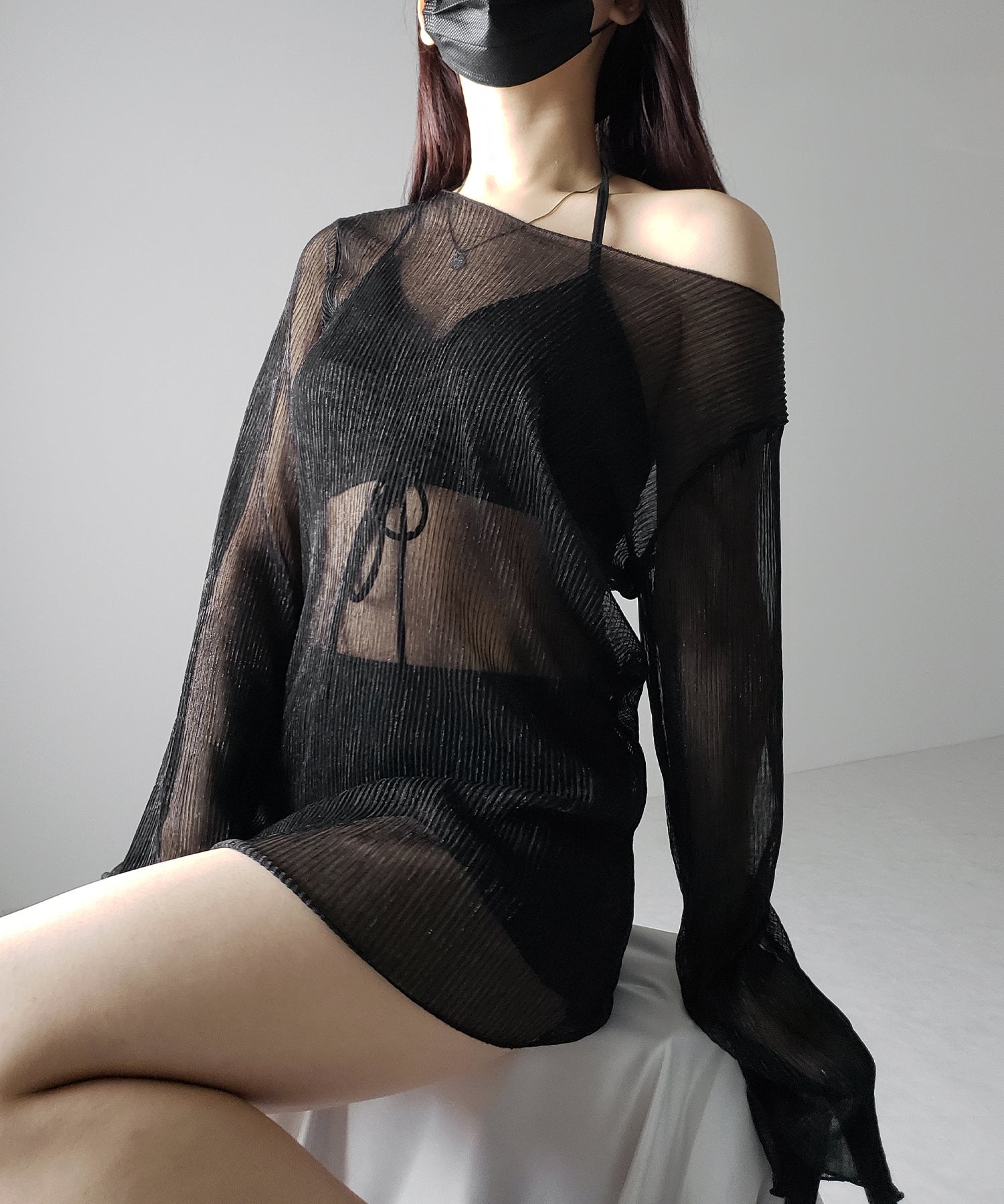 【 レディース水着/3点セット 】シアートップス付き フロントリボンホルターネックハイウエストビキニ / sheer tops set front ribbon halter neck high waist bikini