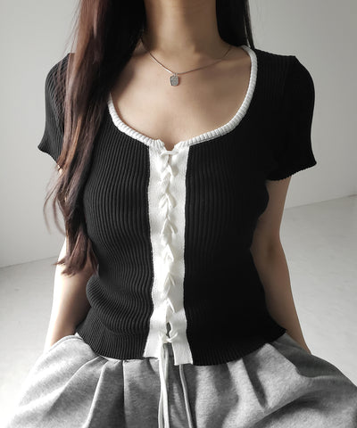 半袖レースアップスリムニットトップス / short-sleeve lace up slim knit tops