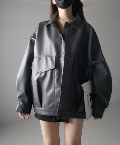 【 裾絞り可能2WAY 】ビッグシルエットボーイフレンドレザージャケット