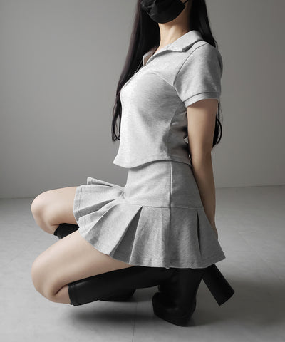 【 2点セット 】スキッパーネック半袖Tシャツ & プリーツミニスカート ワンホンセットアップ / skipper neck short sleeve T-shirt & pleated mini skirt wanghong setup