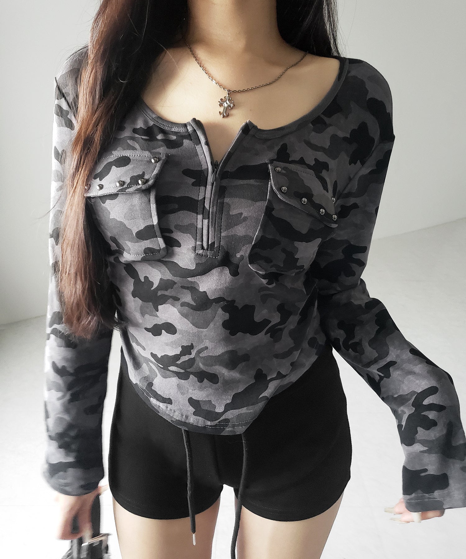 ヴィンテージカモフラアウトポケットジップロンT / vintage camouflage out pocket zip longsleeve T-shirt