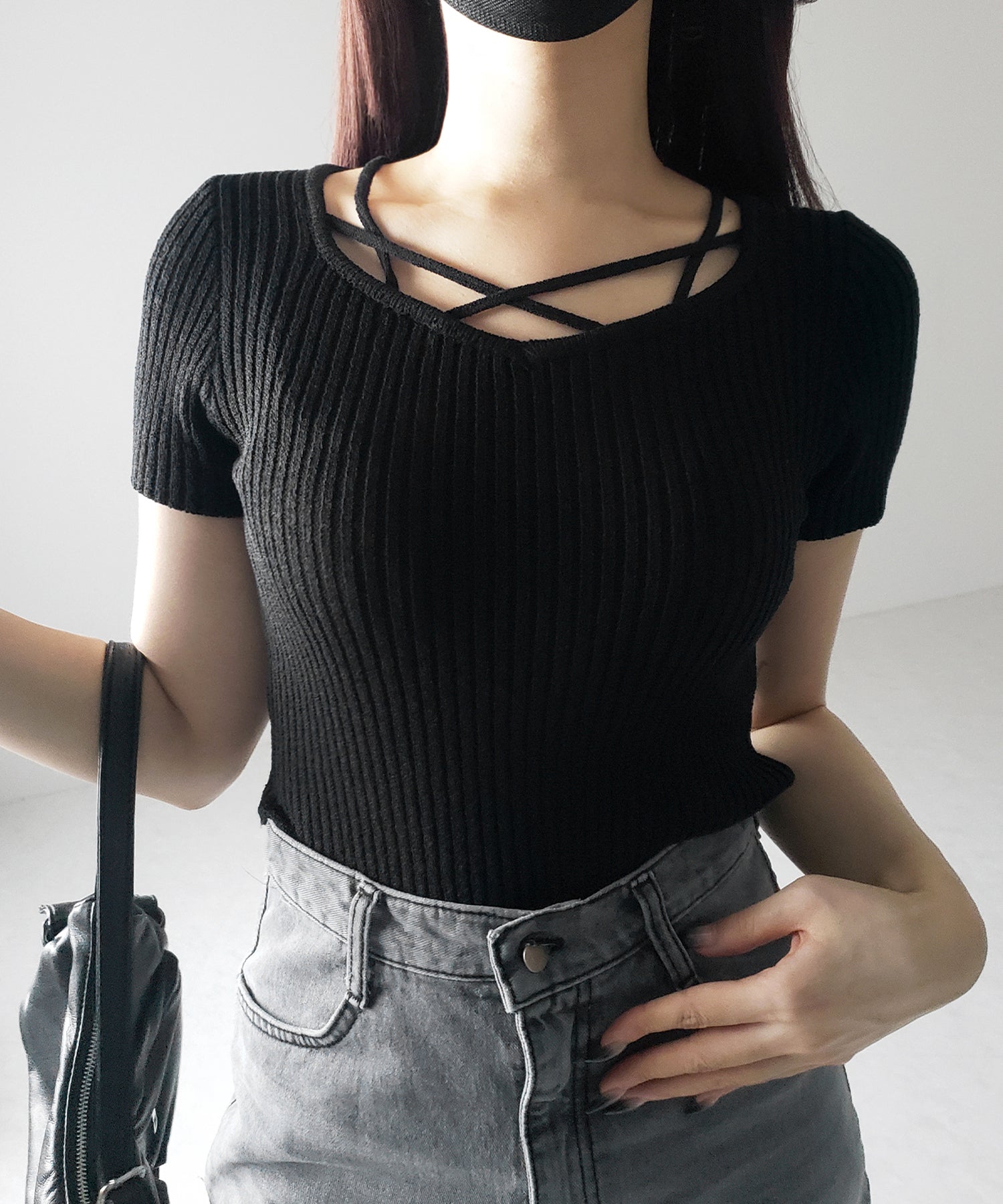 半袖クロスラインストラップデザインリブニット