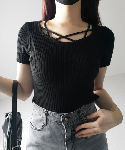 半袖クロスラインストラップデザインリブニット