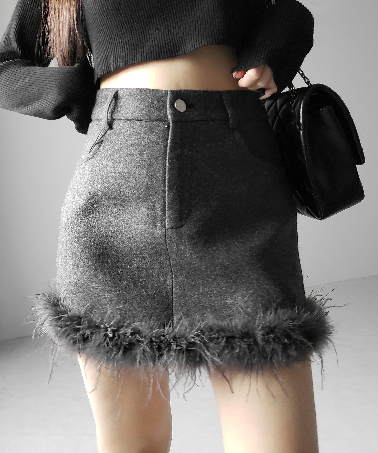 【 インナーパンツ裏地付 】ファードッキングウールライクレディミニスカート / fur docking woollike lady mini skirt