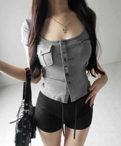 アウトポケットスクエアネックスリムTシャツ /Out pocket square neck slim T-shirt