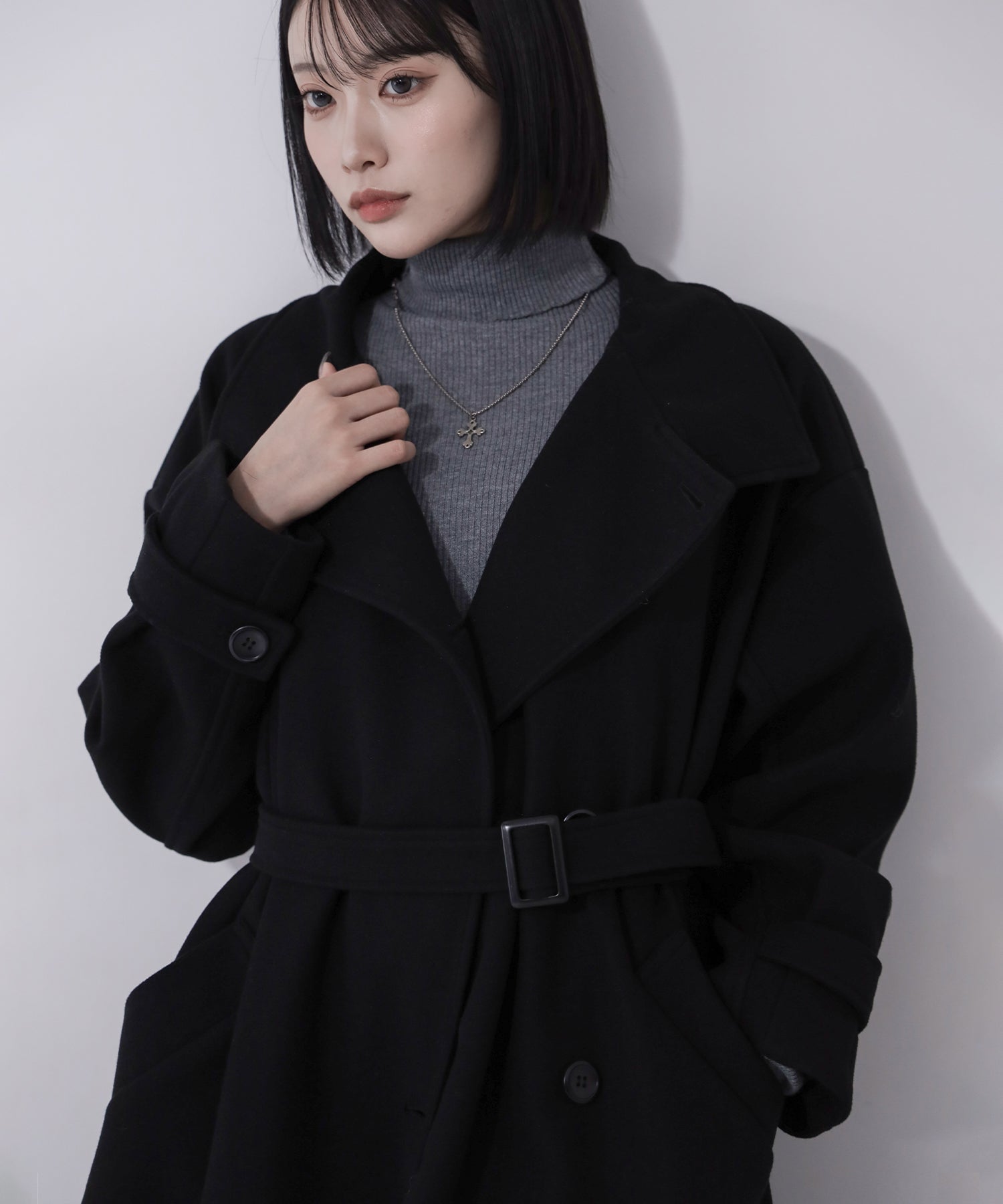 【 ウエストマークベルトSET 】2WAY スタンドカラーレディメルトントレンチロングコート / 2WAY stand collar lady melton trench long coat