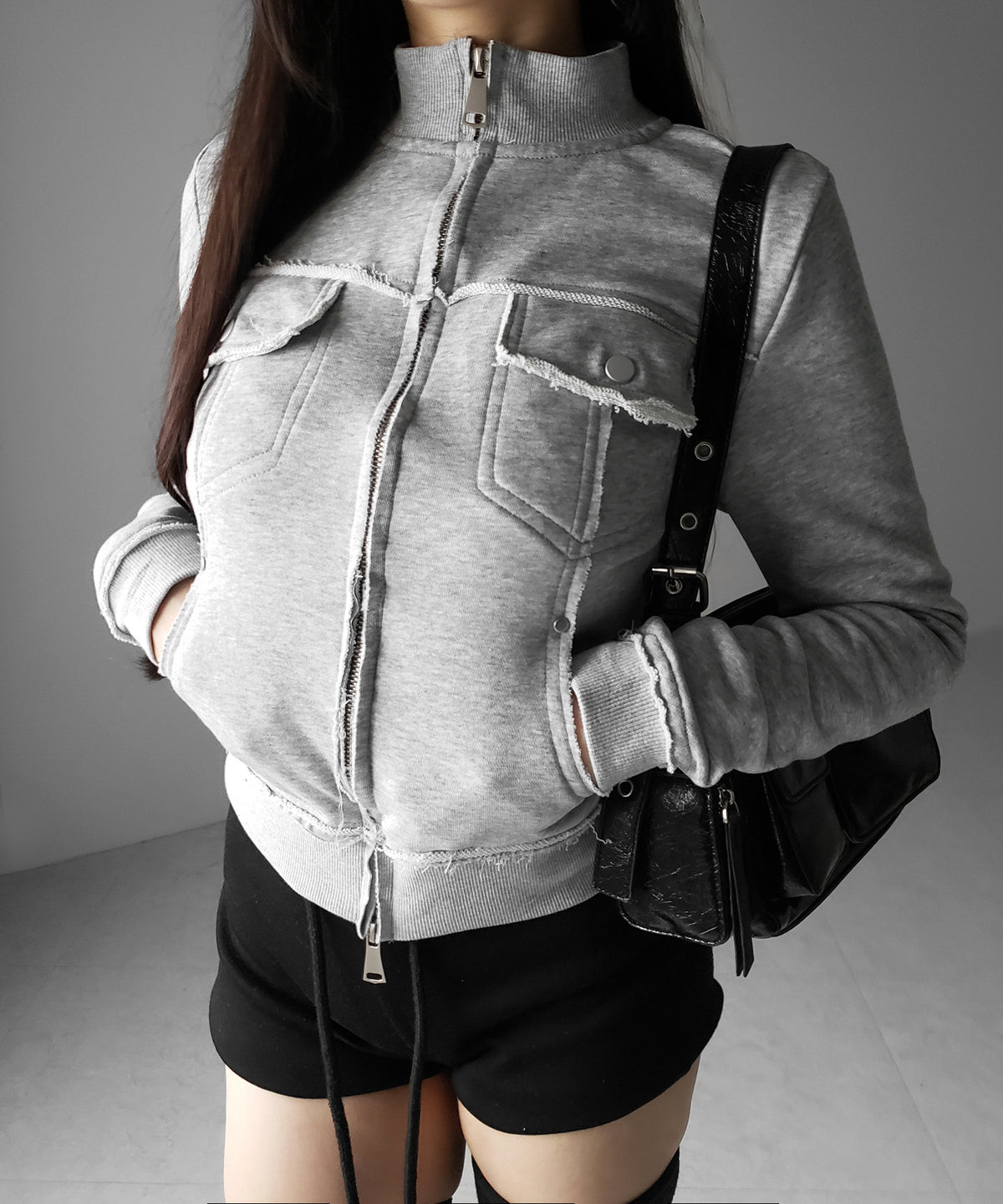 ダブルジップアウトポケット裏毛スリムジャケット / Double-zip outer pocket sweat slim jacket