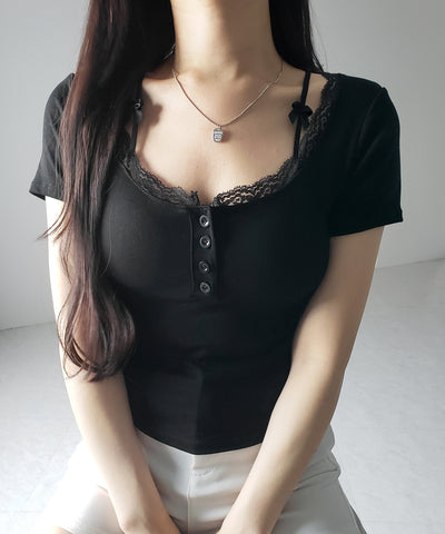 ストラップダブルリボンスクエアネックTシャツ / strap double ribbon square neck T-shirt