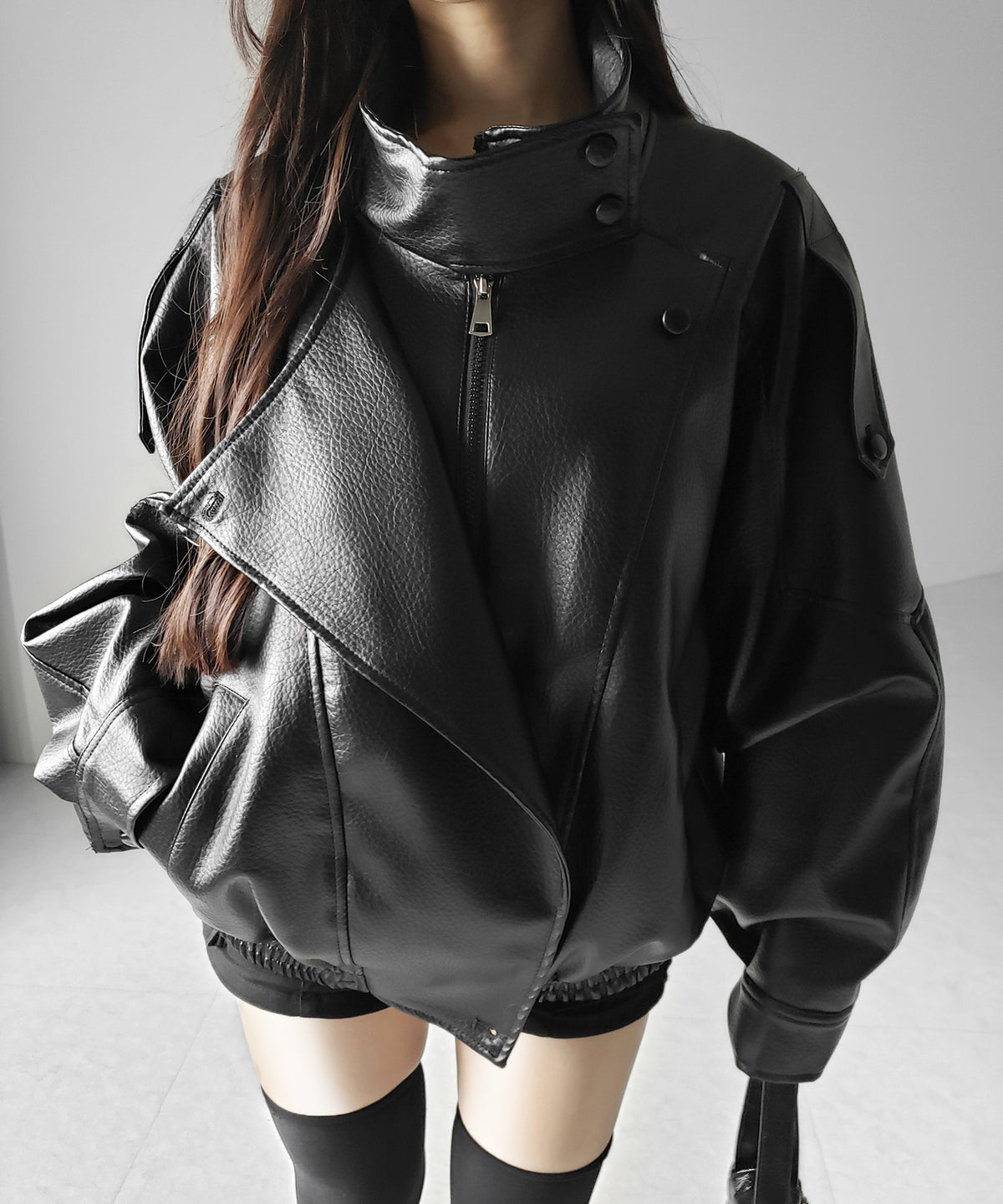 ヴィンテージフェイクレザースタンドカラージップアップブルゾン / 2WAY vintage fake leather stand collar zipup blouson