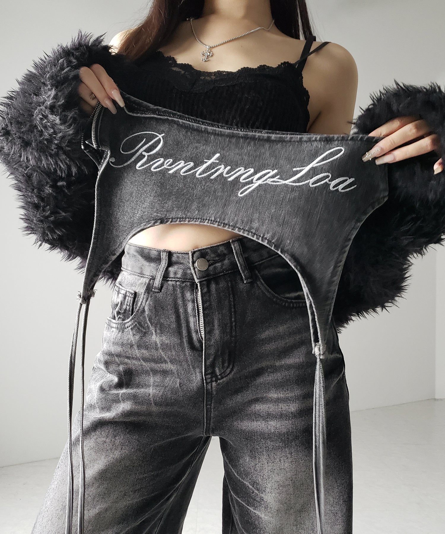 【 2WAY 】レタリングロゴ刺繍ガーターヴィンテージワイドデニム / lettering logo embroidery garter vintage wide denim