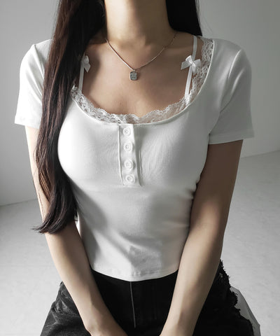 ストラップダブルリボンスクエアネックTシャツ / strap double ribbon square neck T-shirt