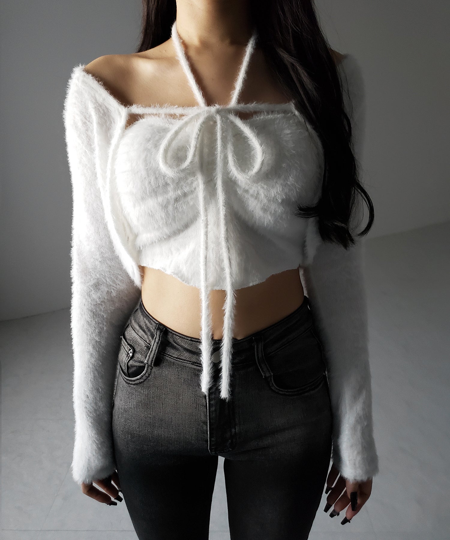 【 2点セット 】シャギーリボンベアトップス & ショートシャギーカーディガン SET / Shaggy ribbon bare tops & short shaggy cardigan