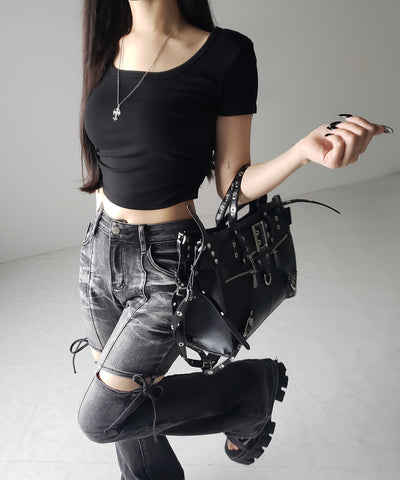 スクエアネックショートスリム半袖Tシャツ / square neck short slim sleeve T-shirt