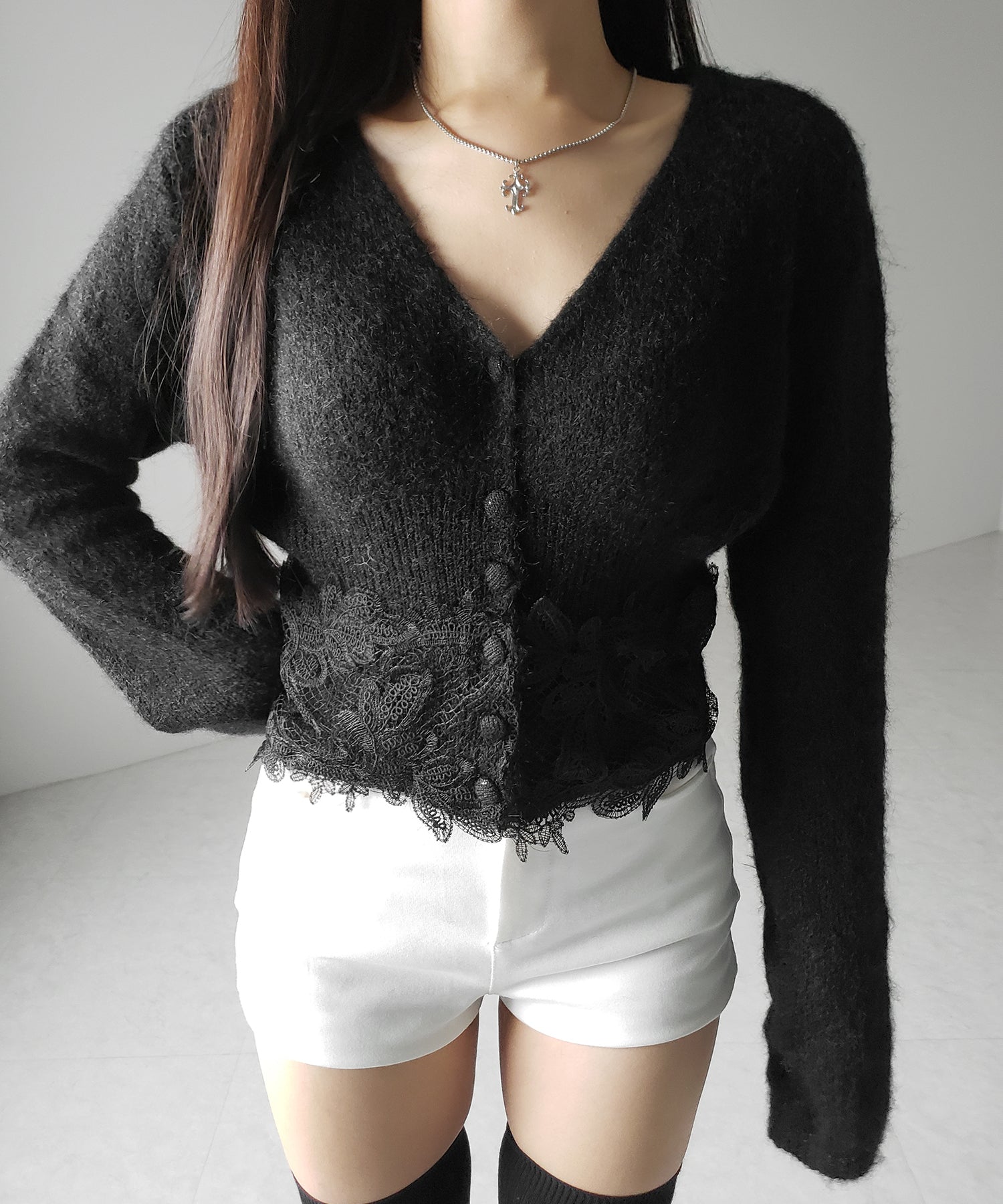 レースドッキングモヘアライクニットカーディガン / Lace docking mohair-like knit cardigan