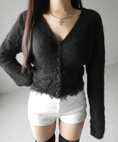 レースドッキングモヘアライクニットカーディガン / Lace docking mohair-like knit cardigan