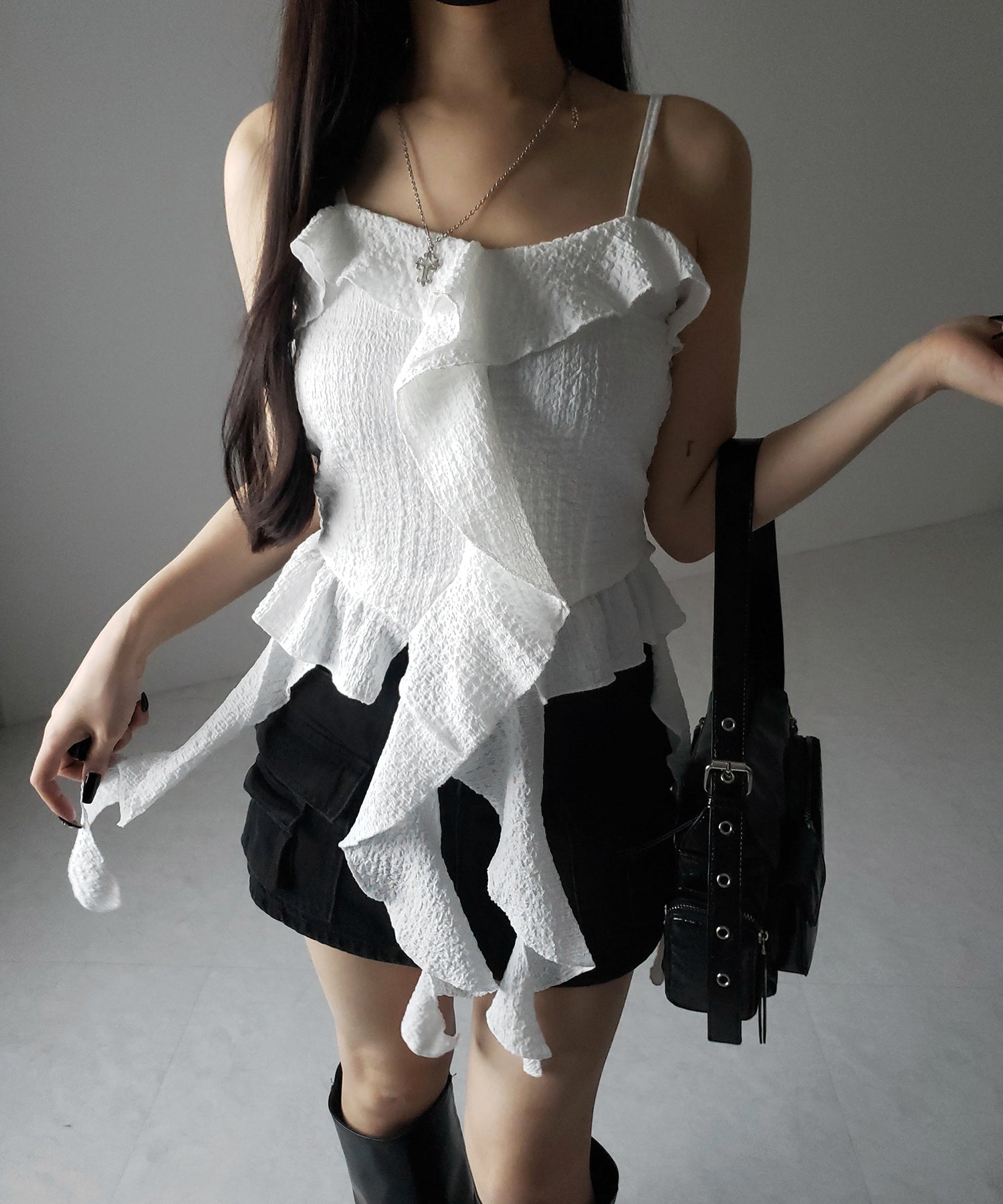 ラッフルフリルレイヤードビスチェキャミソール / ruffle frill layered bustier camisole