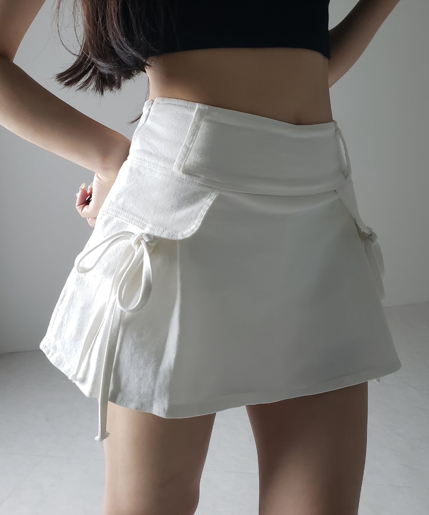 【 2color / 3size 】ヴィンテージライクリボンデニムミニスカパン / vintage like ribbon denim mini skirt pants