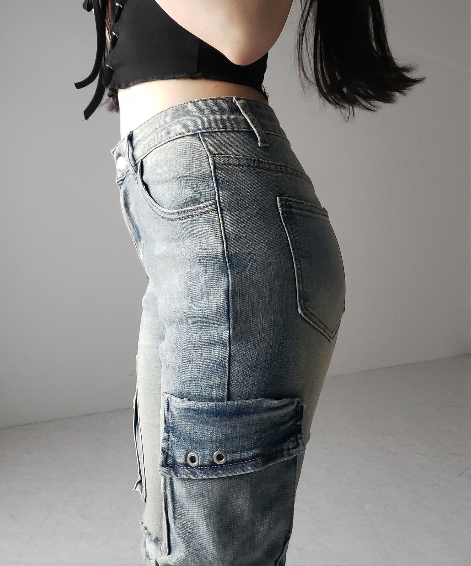 【 2color / 4size 】カーゴデザインヴィンテージライクダメージストレッチフレアデニム / cargo design vintage-like damage stretch flare denim