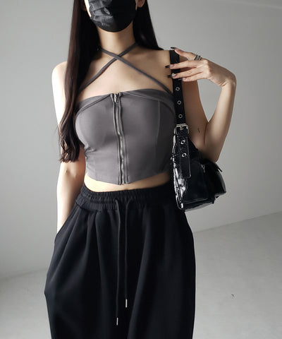 【 カップ付 】ジップアップクロスストラップリボンベアトップス / zip up cross strap ribbon bare tops
