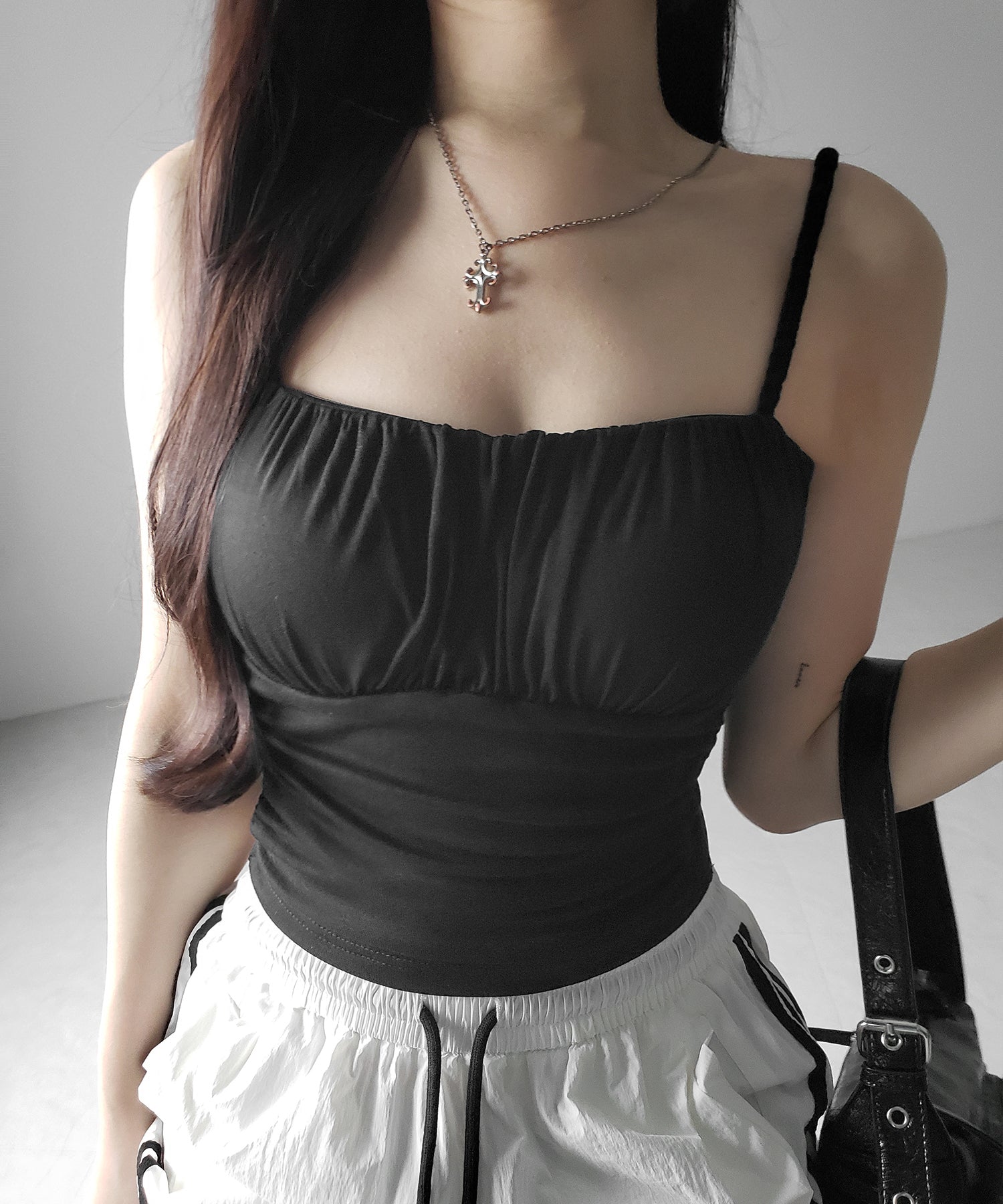 【 3color / カップ付き 】シャーリングギャザードレープキャミソール /shirring gather drape camisole