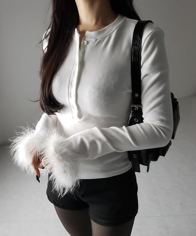 【 2color 】ファースリーブヘンリーネックリブトップス / fur sleeve henley neck lib tops