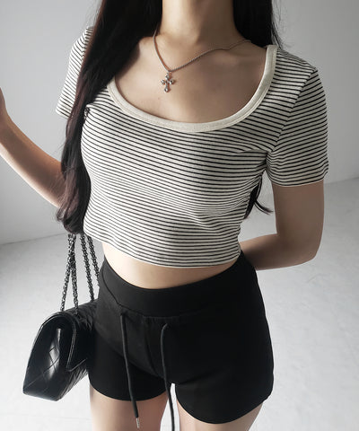 ピンボーダースクエアネックショートTシャツ / pin border square neck short T-shirt