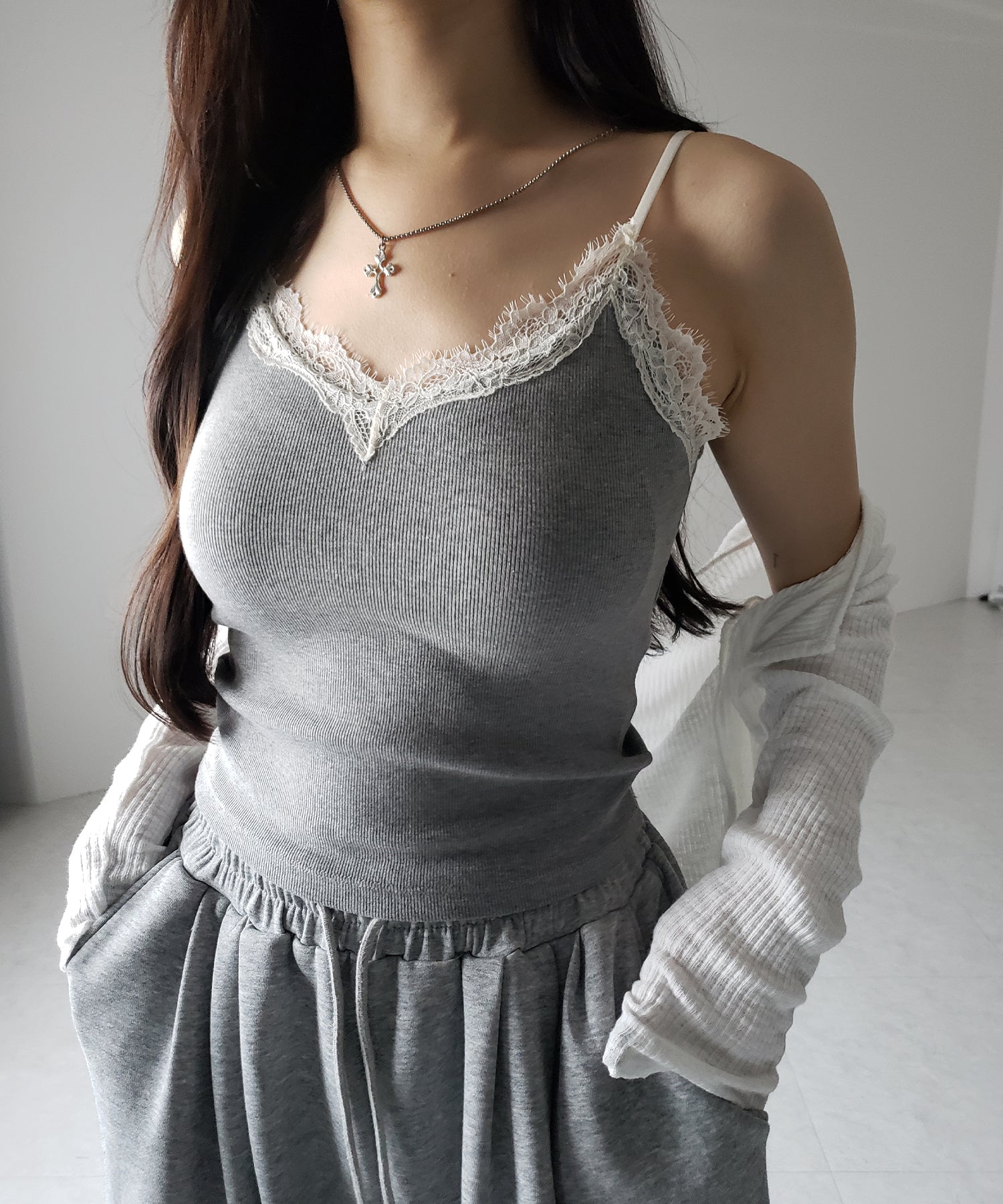 【 カップ付 】レースドッキングリブキャミソール /lace docking ribbed camisole