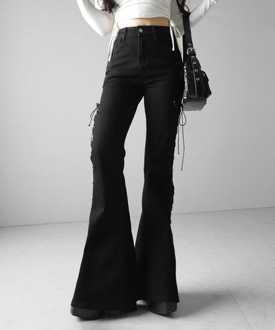レースアップカットアウトストレッチフレアデニム / lace up cutout stretch flare denim