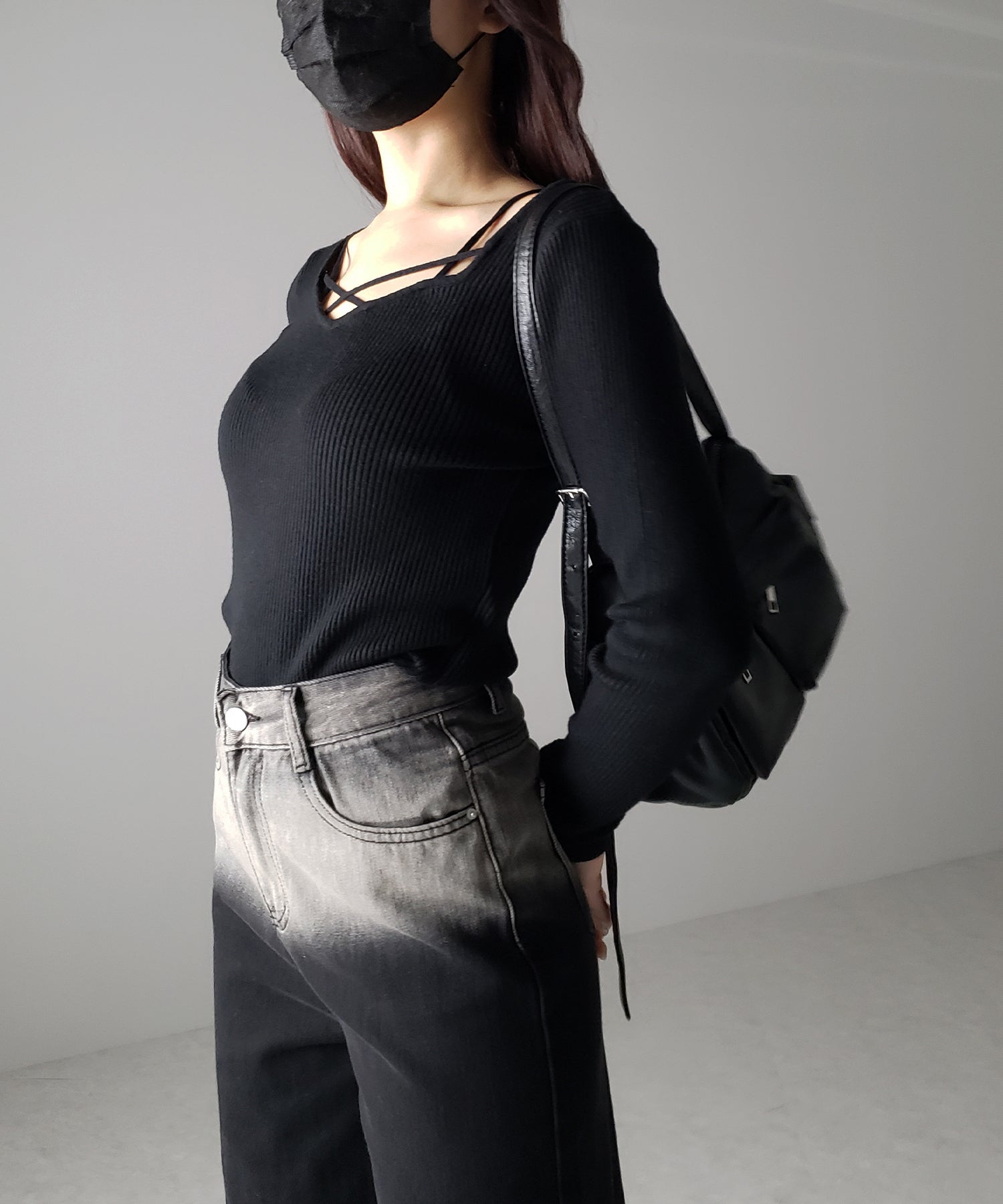 クロスラインストラップデザインリブニット