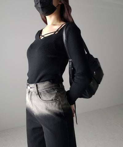 クロスラインストラップデザインリブニット