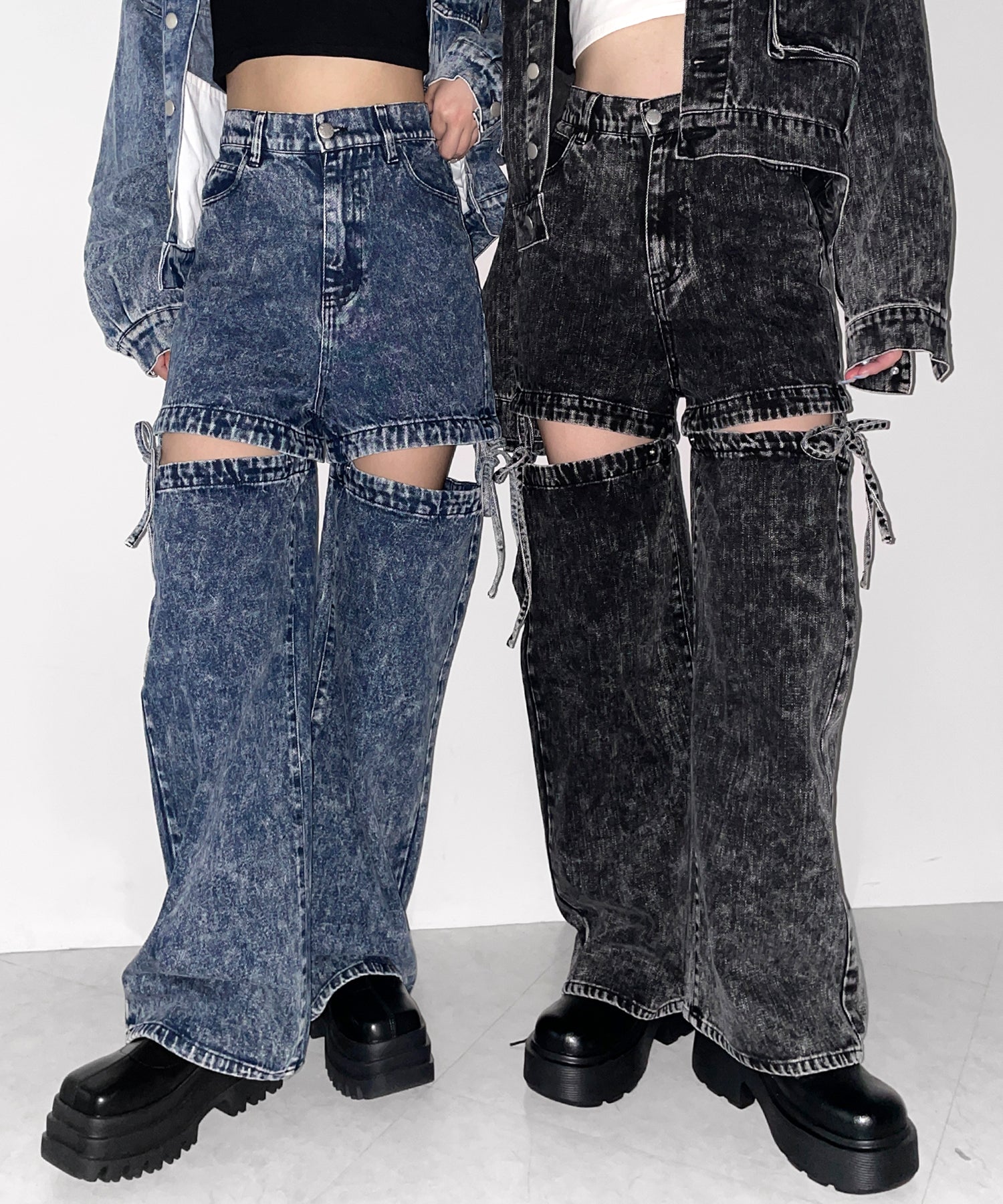【 セットアップ着用可能 】2WAYヴィンテージケミカルブリーチカットアウトリボンデニム / 2WAY vintage chemical bleach cutout ribbon denim